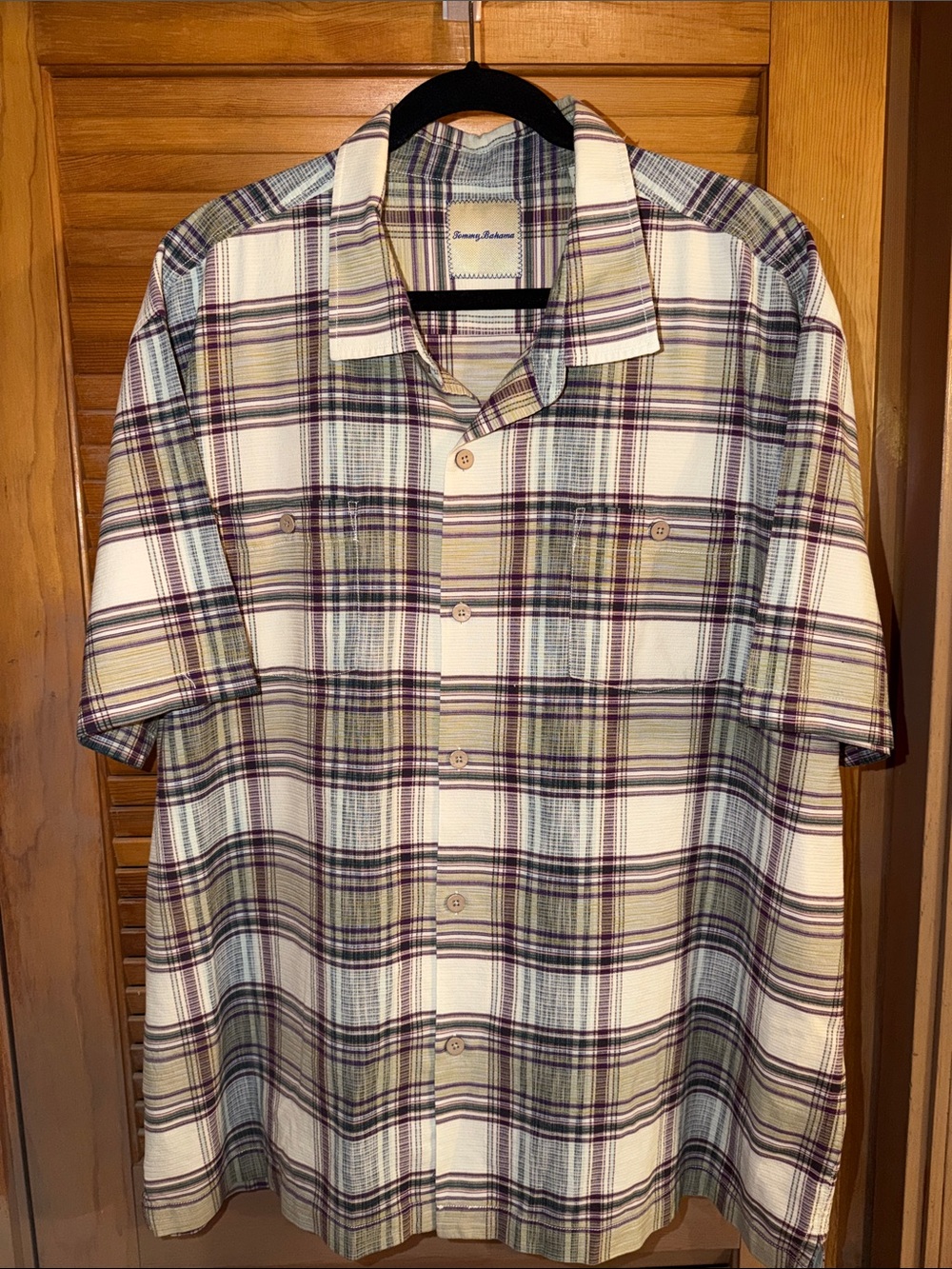 Tommy Bahama Cream, Purple & Tan Plaid Short-Sleeve Camp Shirt